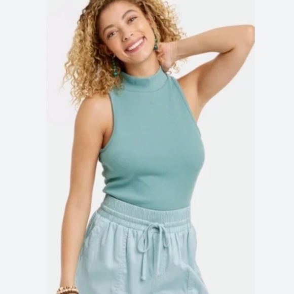 Slim Fit Mock Neck Tank Top Hipster Hippie Minimal Artsy Boho Bohemian Blouse - Picture 1 of 2